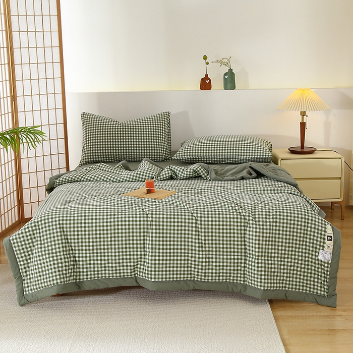 91家纺网 家纺一手货源 找家纺 花言狐语 2025新款A类全棉水洗棉夏被四件套 绿小格-单夏被