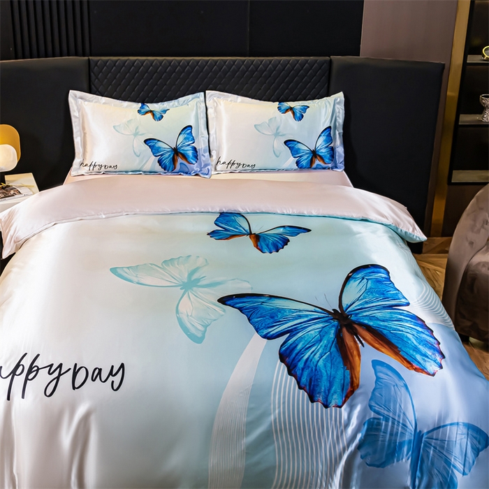 91家纺网 家纺一手货源 找家纺 梦舒羽 2025新款可水洗大版冰丝床单卡通床笠四件套 花蝴蝶-大版冰丝被套