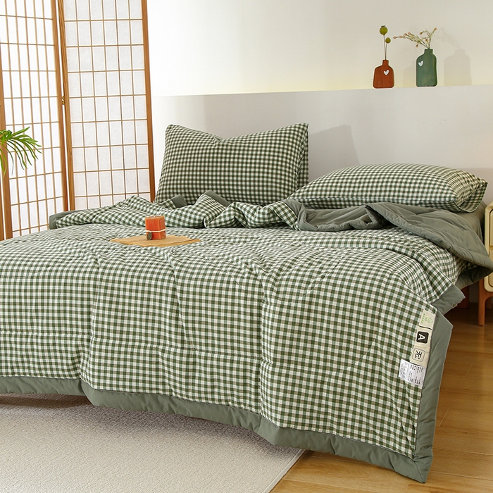 91家纺网 家纺一手货源 找家纺 花言狐语 2025新款A类全棉水洗棉夏被四件套 绿小格-单夏被