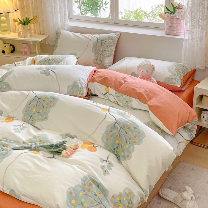 91家纺网 家纺一手货源 找家纺 洺兰家居 2025年新款13372全棉印花四件套纯棉小清新北欧风花卉床单床笠款套件 柿柿如意