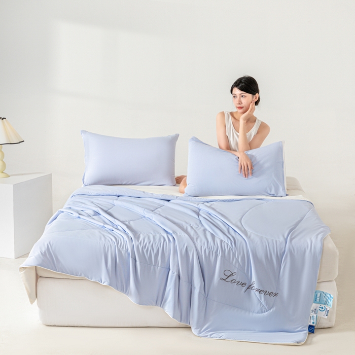 91家纺网 家纺一手货源 找家纺 佳居缘 2024新款纯色绣花冰氨夏被 梦幻蓝