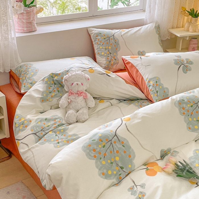 91家纺网 家纺一手货源 找家纺 洺兰家居 2025年新款13372全棉印花四件套纯棉小清新北欧风花卉床单床笠款套件 柿柿如意