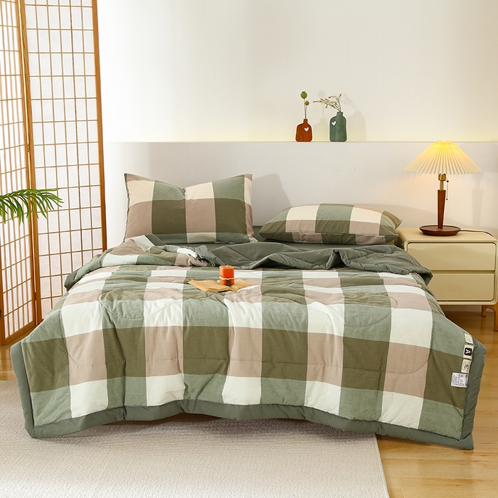 91家纺网 家纺一手货源 找家纺 花言狐语 2025新款A类全棉水洗棉夏被四件套 绿大格-单夏被