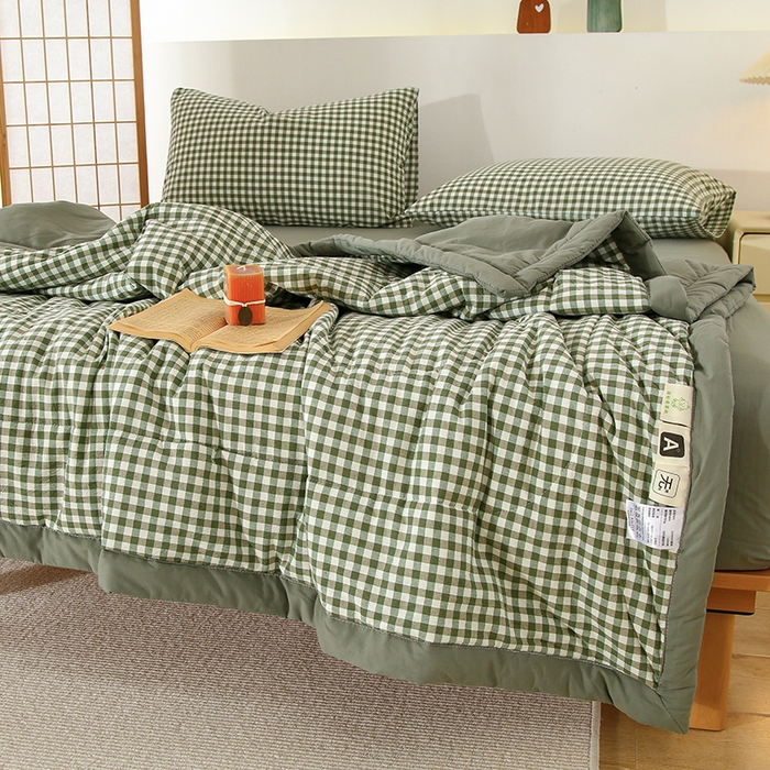 91家纺网 家纺一手货源 找家纺 花言狐语 2025新款A类全棉水洗棉夏被四件套 绿小格-单夏被