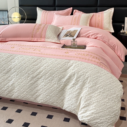 91家纺网 家纺一手货源 找家纺 梦之岛 2024新款A类浮雕立体水洗真丝天丝四件套 浮雕路易斯-桃粉