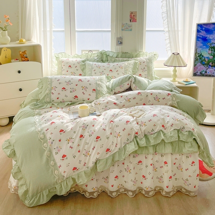 91家纺网 家纺一手货源 找家纺 （总）宜凡家纺 2024新款复古双拼全棉印花夹棉床笠式床裙四件套