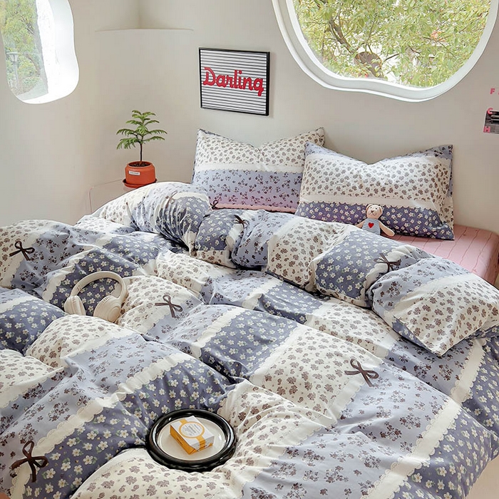 91家纺网 家纺一手货源 找家纺 田野 2024新款13372全棉INS印花四件套 芬芳-蓝