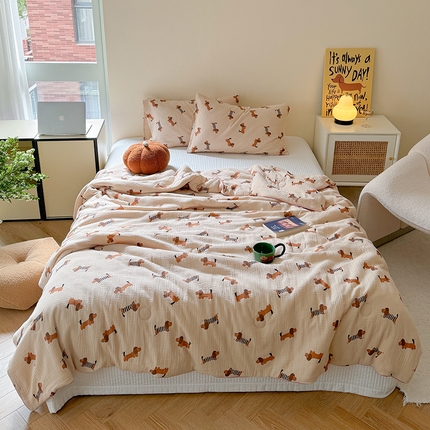 萝莉家纺 2024新款全棉双层皱皱纱夏被 小狗狗