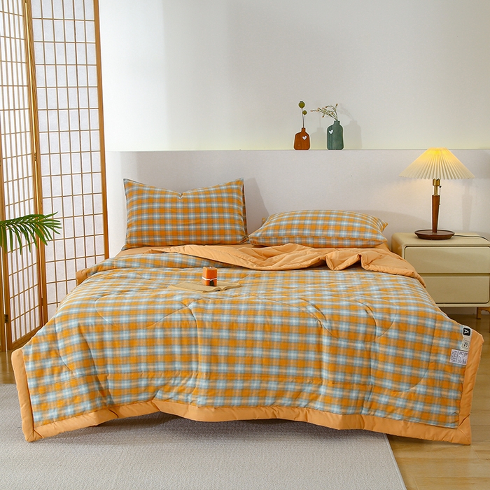 91家纺网 家纺一手货源 找家纺 花言狐语 2025新款A类全棉水洗棉夏被四件套 蜜橘格-单夏被