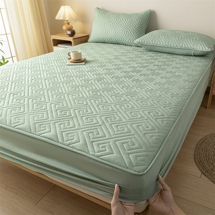 91家纺网 家纺一手货源 找家纺 古吉梦 2024新款水洗棉磨毛夹棉床笠 夹棉床笠-青石绿