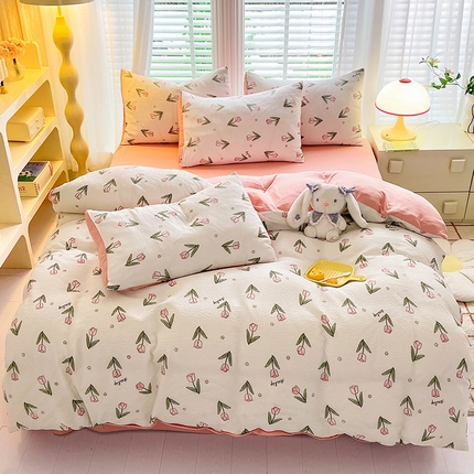 91家纺网 家纺一手货源 找家纺 （总）妖妖家纺 2024新款有氧水洗泡泡棉印花四套泡芙棉四件套