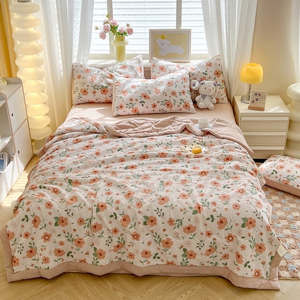 91家纺网 家纺一手货源 找家纺 妖妖家纺 2024新款有氧水洗泡泡棉印花四套泡芙棉夏被四件套 灿花