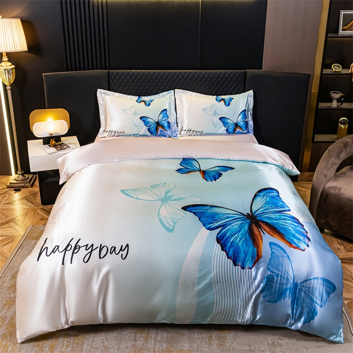 91家纺网 家纺一手货源 找家纺 梦舒羽 2025新款可水洗大版冰丝床单卡通床笠四件套 花蝴蝶-大版冰丝被套