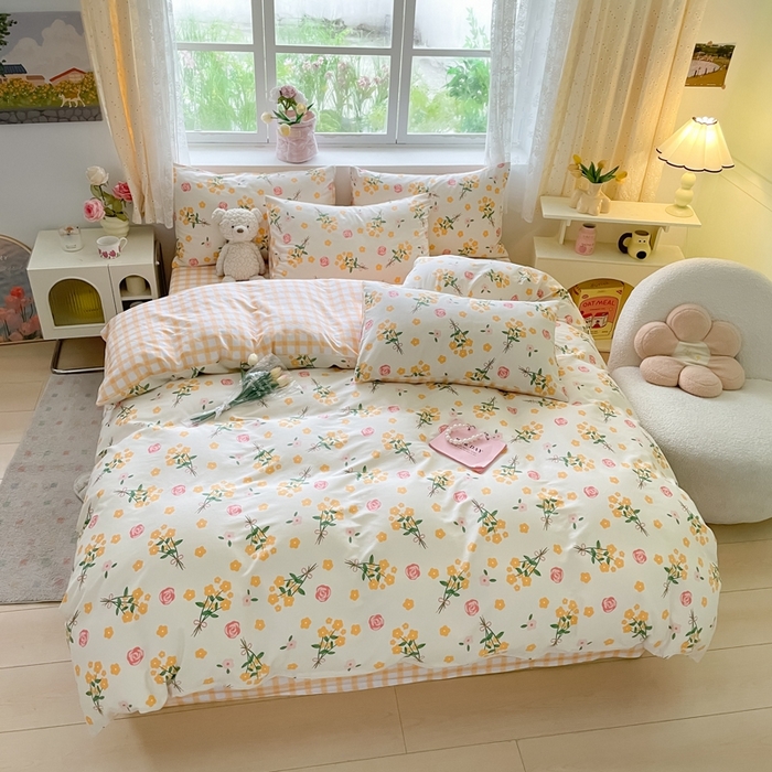 91家纺网 家纺一手货源 找家纺 洺兰家居 2025年新款13372全棉印花四件套纯棉小清新北欧风花卉床单床笠款套件 爱的誓言