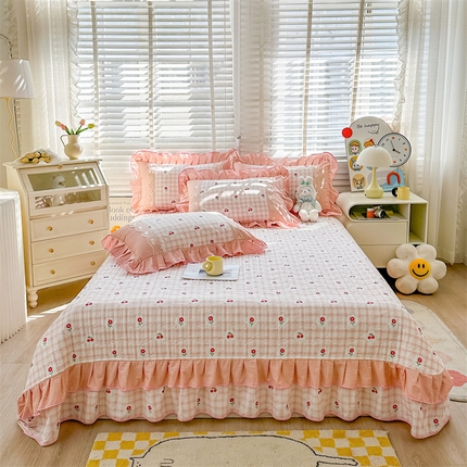 宜凡家纺 2024新款全棉复古印花床盖三件套 花花樱桃