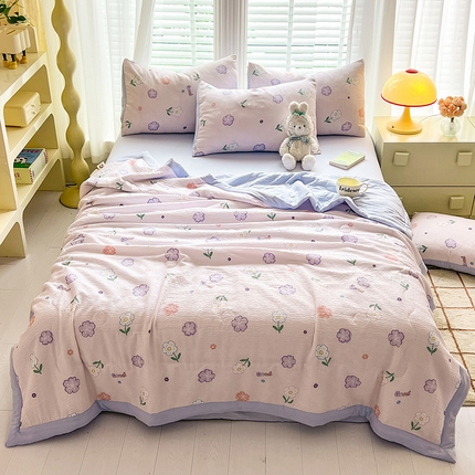 妖妖家纺 2024新款有氧水洗泡泡棉印花四套泡芙棉夏被四件套 小花花