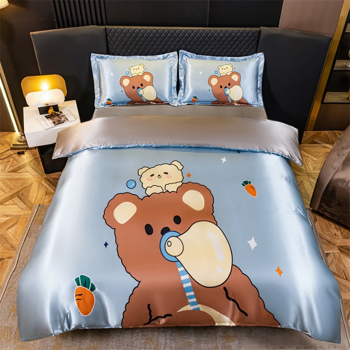 91家纺网 家纺一手货源 找家纺 梦舒羽 2025新款可水洗大版冰丝床单卡通床笠四件套 抱抱熊-大版冰丝被套