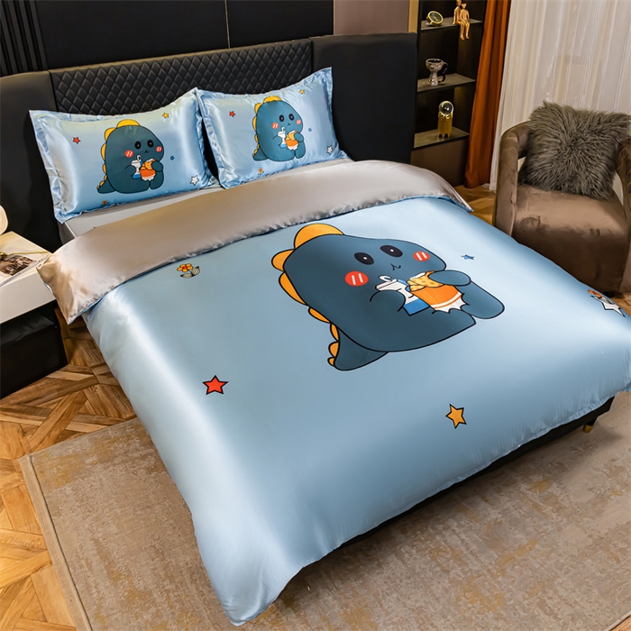 91家纺网 家纺一手货源 找家纺 梦舒羽 2025新款可水洗大版冰丝床单卡通床笠四件套 小恐龙-大版冰丝被套
