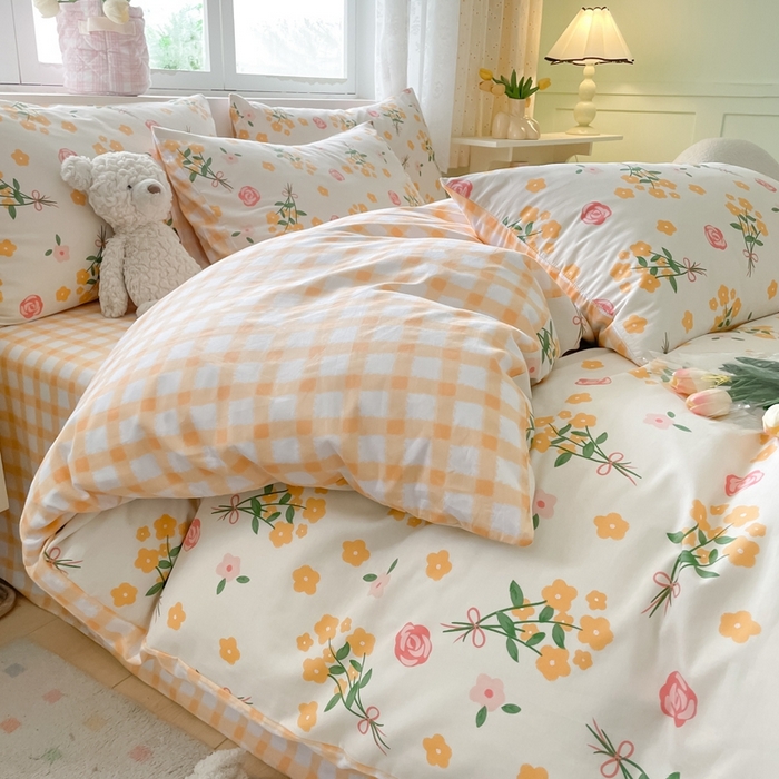 91家纺网 家纺一手货源 找家纺 洺兰家居 2025年新款13372全棉印花四件套纯棉小清新北欧风花卉床单床笠款套件 爱的誓言