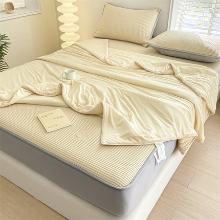 91家纺网 家纺一手货源 找家纺 欧邦 新款华夫格冰豆凉感床笠款夏被套件 小熊款-玉米黄