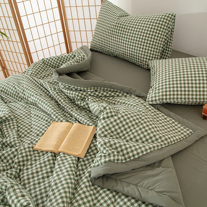 91家纺网 家纺一手货源 找家纺 花言狐语 2025新款A类全棉水洗棉夏被四件套 绿小格-单夏被