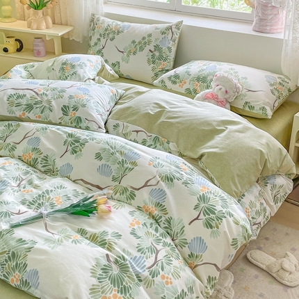 91家纺网 家纺一手货源 找家纺 （总）洺兰家居 2025年新款13372全棉印花四件套纯棉小清新北欧风花卉床单床笠款套件