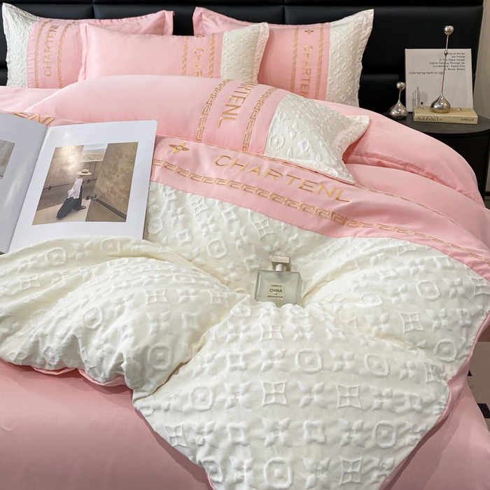 91家纺网 家纺一手货源 找家纺 梦之岛 2024新款A类浮雕立体水洗真丝天丝四件套 浮雕路易斯-桃粉