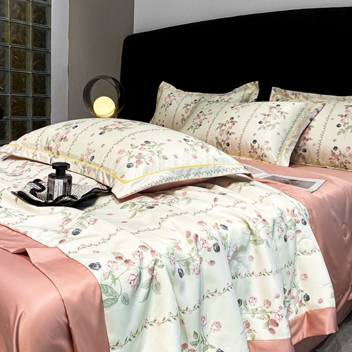 91家纺网 家纺一手货源 找家纺 佳品居 2024新款直播水洗天丝夏被冰丝夏凉被空调被四件套 园艺粉