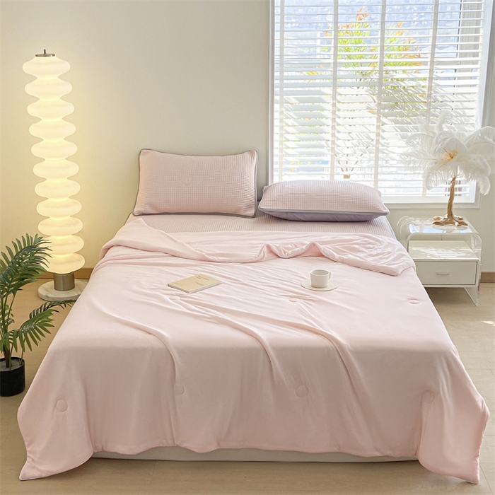 91家纺网 家纺一手货源 找家纺 欧邦 新款华夫格冰豆凉感床笠款夏被套件 小熊款-贵妃粉