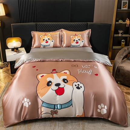 91家纺网 家纺一手货源 找家纺 圣比熊  2025新款可水洗大版冰丝床单卡通床笠四件套 可爱汪-大版冰丝被套