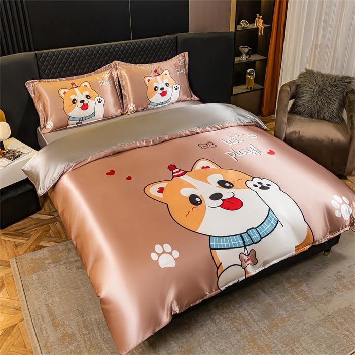 91家纺网 家纺一手货源 找家纺 梦舒羽 2025新款可水洗大版冰丝床单卡通床笠四件套 可爱汪-大版冰丝被套
