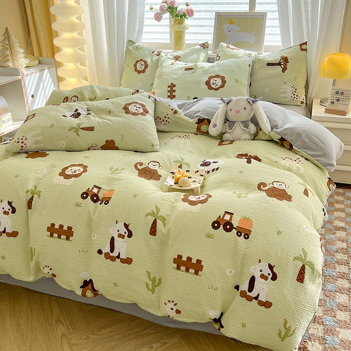 91家纺网 家纺一手货源 找家纺 妖妖家纺 2024新款有氧水洗泡泡棉印花四套泡芙棉四件套 动物园记