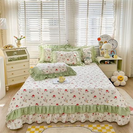 宜凡家纺 2024新款全棉复古印花床盖三件套 蘑菇花园