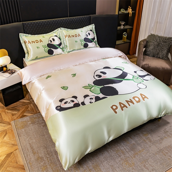91家纺网 家纺一手货源 找家纺 梦舒羽 2025新款可水洗大版冰丝床单卡通床笠四件套 熊猫乐园-大版冰丝被套