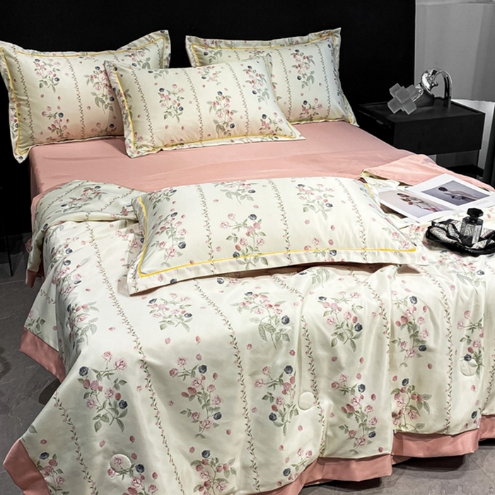 91家纺网 家纺一手货源 找家纺 佳品居 2024新款直播水洗天丝夏被冰丝夏凉被空调被四件套 园艺粉