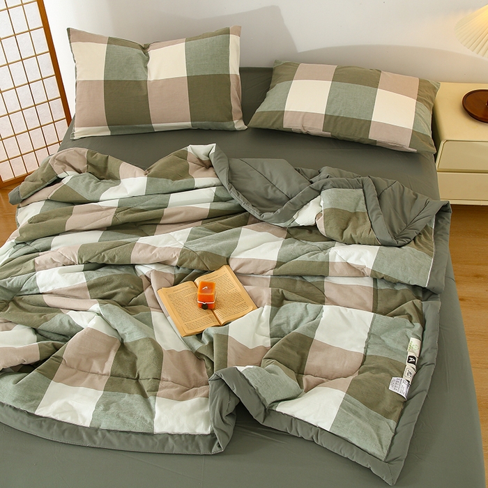 91家纺网 家纺一手货源 找家纺 花言狐语 2025新款A类全棉水洗棉夏被四件套 绿大格-单夏被