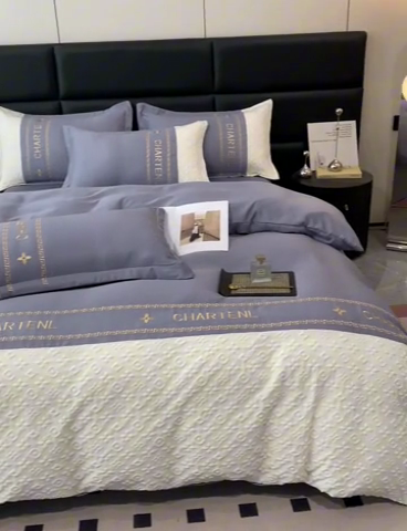 91家纺网 家纺一手货源 找家纺 梦之岛 2024新款A类浮雕立体水洗真丝天丝四件套 浮雕路易斯-山灰