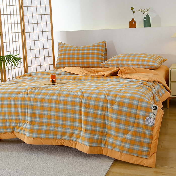 91家纺网 家纺一手货源 找家纺 花言狐语 2025新款A类全棉水洗棉夏被四件套 蜜橘格-单夏被