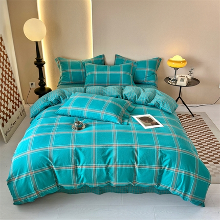 91家纺网 家纺一手货源 找家纺 （总）三沁 2024新款AAA版直播爆款纯棉全棉色织水洗棉简约格子式四件套（床单圆角荷叶边）