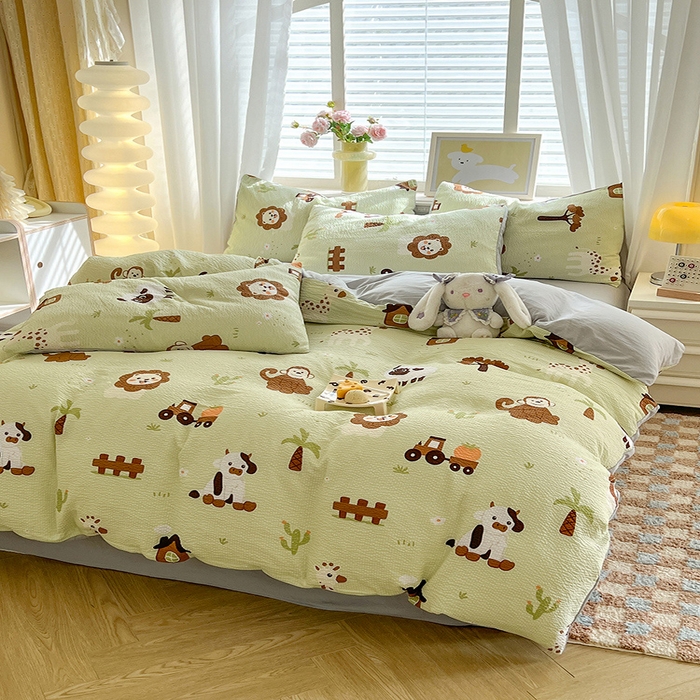 91家纺网 家纺一手货源 找家纺 妖妖家纺 2024新款有氧水洗泡泡棉印花四套泡芙棉四件套 动物园记