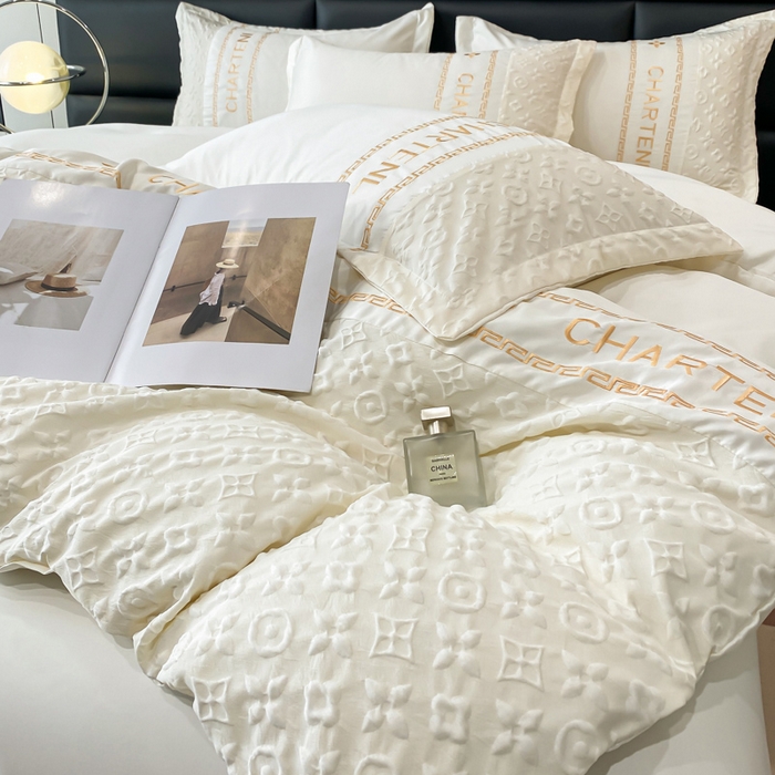 91家纺网 家纺一手货源 找家纺 梦之岛 2024新款A类浮雕立体水洗真丝天丝四件套 浮雕路易斯-奶白