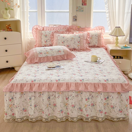 宜凡家纺 2024新款复古双拼全棉印花夹棉床笠式床裙三件套 诗语初妆