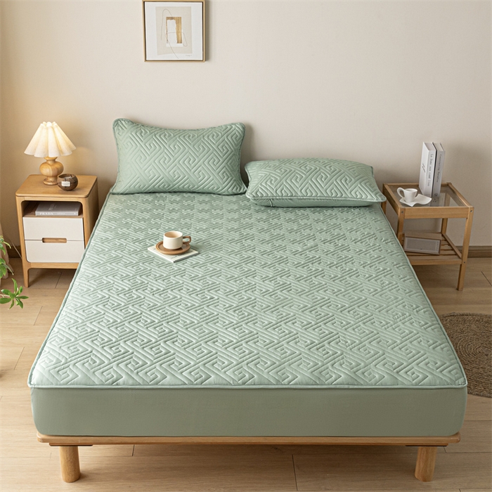 91家纺网 家纺一手货源 找家纺 古吉梦 2024新款水洗棉磨毛夹棉床笠 夹棉床笠-青石绿