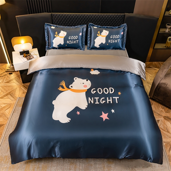 91家纺网 家纺一手货源 找家纺 梦舒羽 2025新款可水洗大版冰丝床单卡通床笠四件套 白白熊-大版冰丝被套