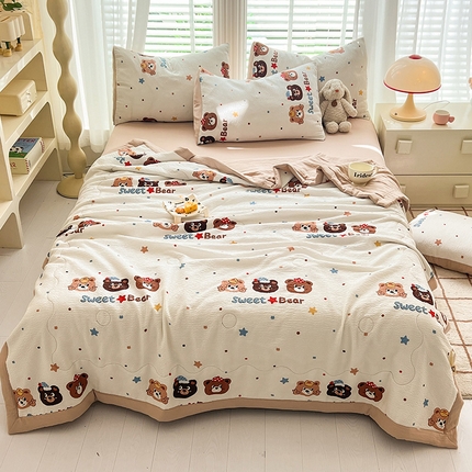 妖妖家纺 2024新款有氧水洗泡泡棉印花四套泡芙棉夏被四件套 三只小熊