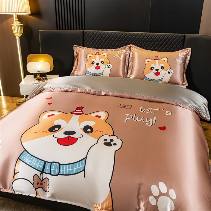 91家纺网 家纺一手货源 找家纺 梦舒羽 2025新款可水洗大版冰丝床单卡通床笠四件套 可爱汪-大版冰丝被套