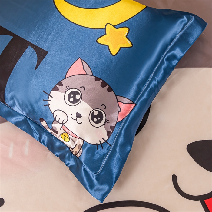 91家纺网 家纺一手货源 找家纺 梦舒羽 2025新款可水洗大版冰丝床单卡通床笠四件套 招财小猫-大版冰丝被套