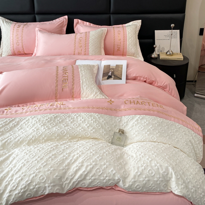 91家纺网 家纺一手货源 找家纺 梦之岛 2024新款A类浮雕立体水洗真丝天丝四件套 浮雕路易斯-桃粉