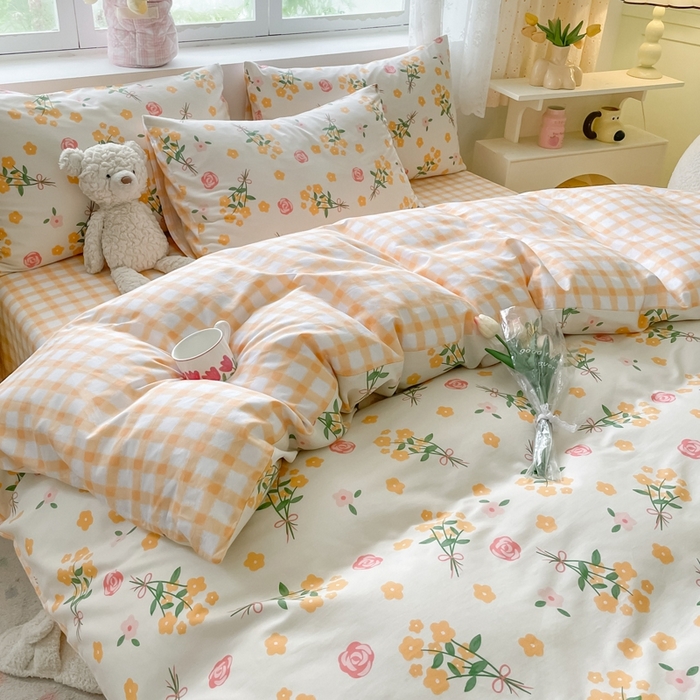 91家纺网 家纺一手货源 找家纺 洺兰家居 2025年新款13372全棉印花四件套纯棉小清新北欧风花卉床单床笠款套件 爱的誓言