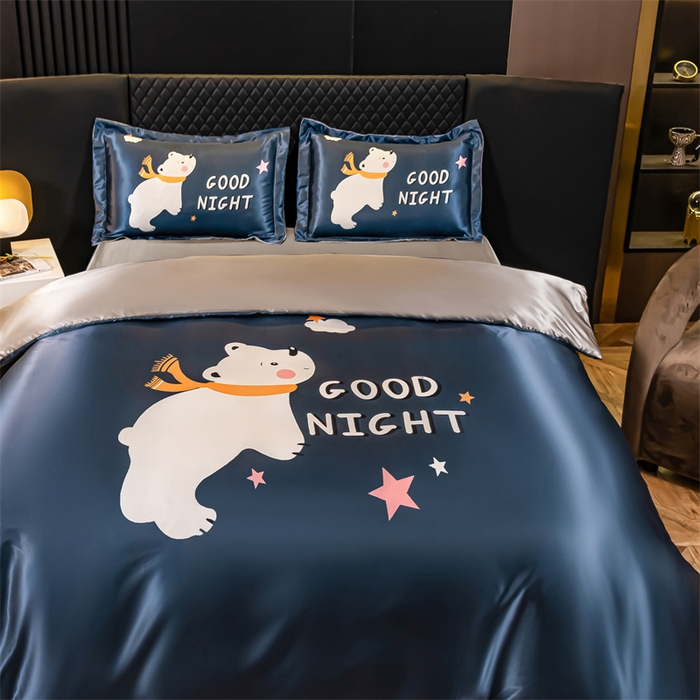 91家纺网 家纺一手货源 找家纺 梦舒羽 2025新款可水洗大版冰丝床单卡通床笠四件套 白白熊-大版冰丝被套